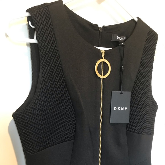 DKNY Half Zip Fit & Flare Black Dress Net Detail 4 - Picture 2 of 5